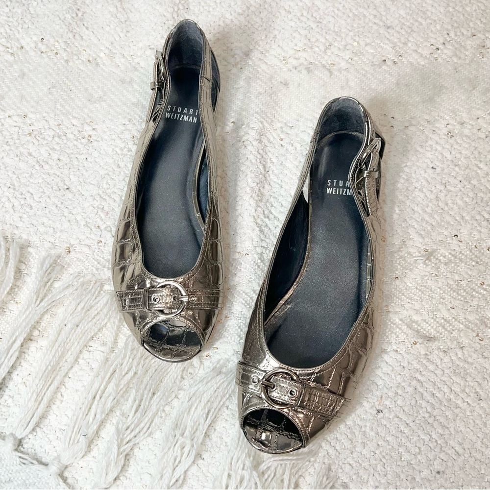 Stuart Weitzman Shoes Silver Croc Print Patent Leather Peeptoe Low Heel 7.5